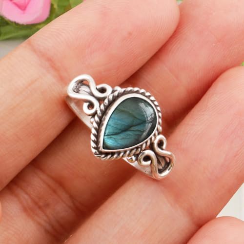Natura Blue Flash Labradorite Gemstone Ring 925 Sterling Silver Handmade Ring For Women Wedding Engagement Gift For Her Tear Drop Solitaire