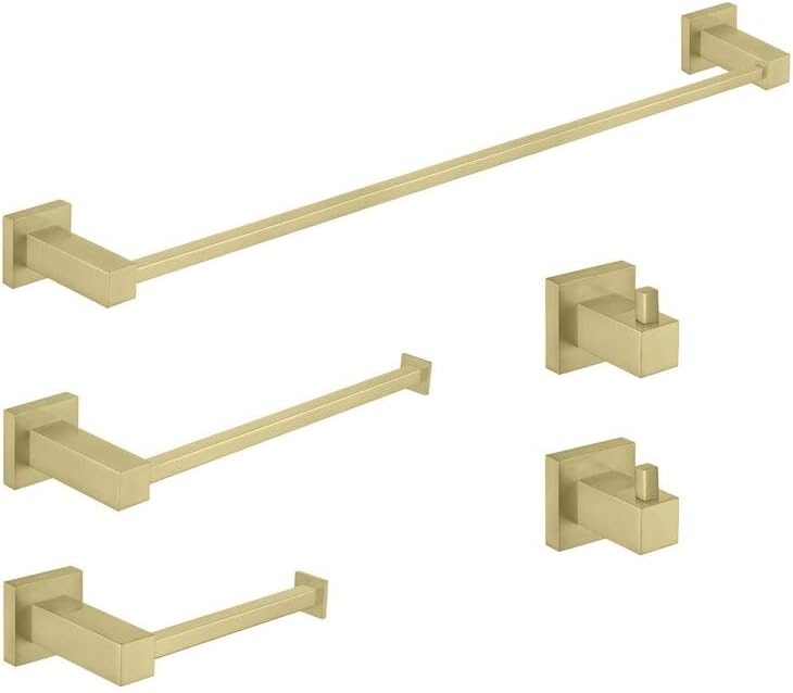 KIBI Cube – Juego de accesorios de baño de 5 piezas  Toallero, anillo para toallas, soportes para papel higiénico, ganchos para bata (oro cepillado)
