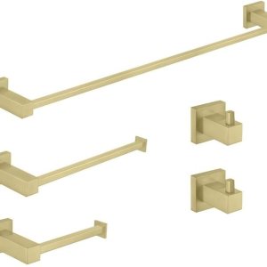 KIBI Cube – Juego de accesorios de baño de 5 piezas  Toallero, anillo para toallas, soportes para papel higiénico, ganchos para bata (oro cepillado) KIBI Cube – Juego de accesorios de baño de 5 piezas  Toallero, anillo para toallas, soportes para papel higiénico, ganchos para bata (oro cepillado)