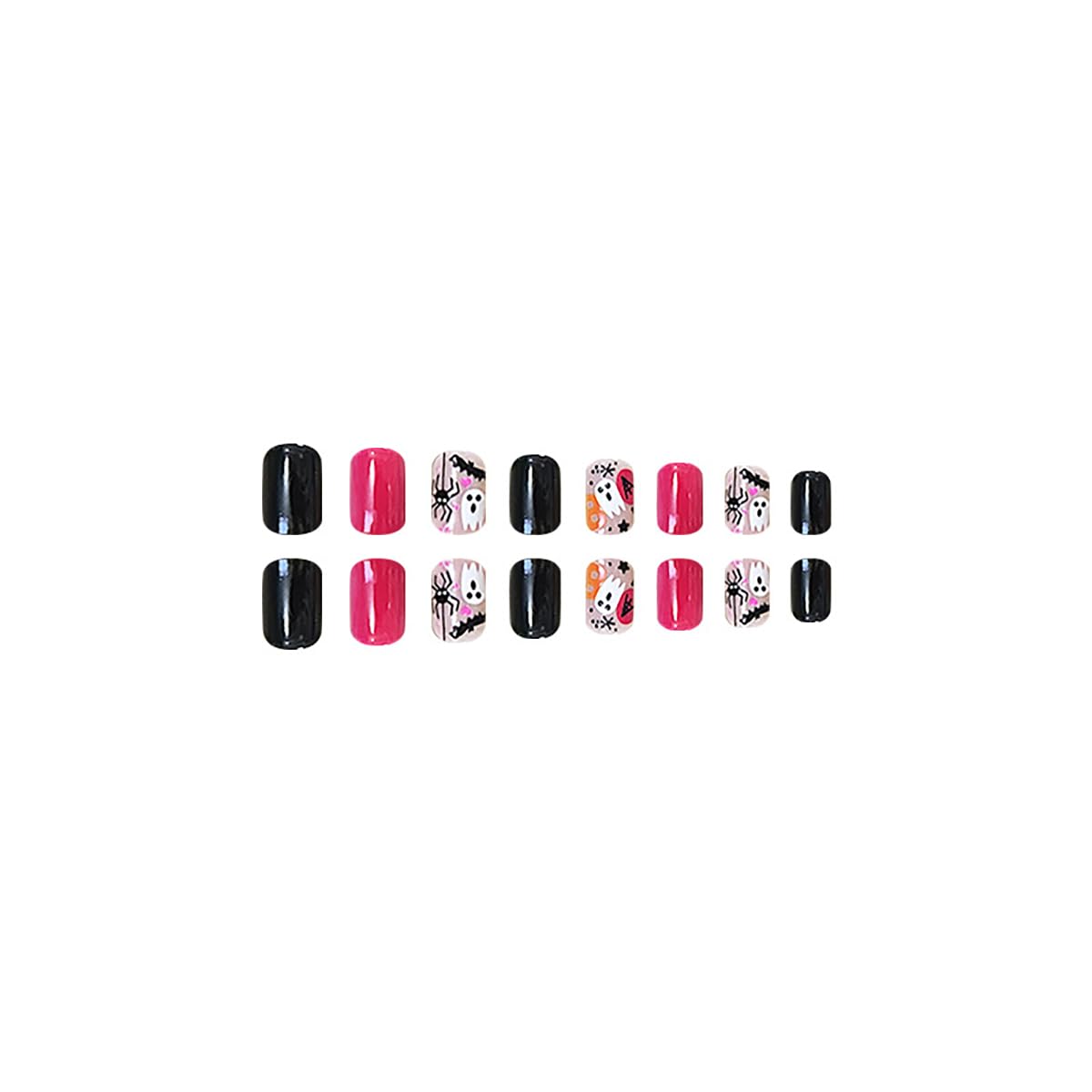 24 uñas postizas cuadradas cortas de Halloween, con pegamento, diseño de araña, estrella, murciélago, acrílico, cobertura completa, color negro,