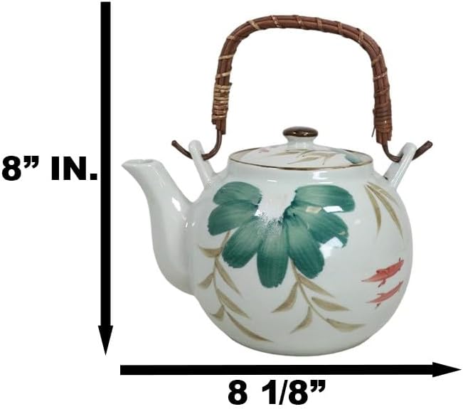 Ebros Feng Shui Yin Yang – Par de peces koi japoneses en lirio estanque de cerámica, 38 onzas con mango de bambú, decoración del hogar, tetera