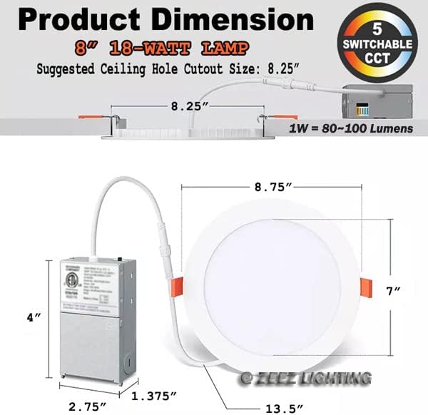 Iluminación  18 W 8 pulgadas (OD 8.75 pulgadas  ID 8 pulgadas) seleccionable 5CCT LED empotrable bombilla delgada lámpara con caja de conexiones ETL