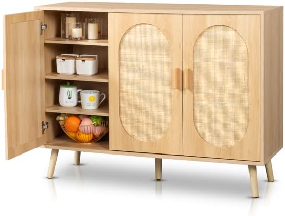 Aparador de 44.5 x 15.7 x 32.9 in con puertas de ratán natural, armario de almacenamiento de ratán con estantes ajustables, aparadores y buffets con