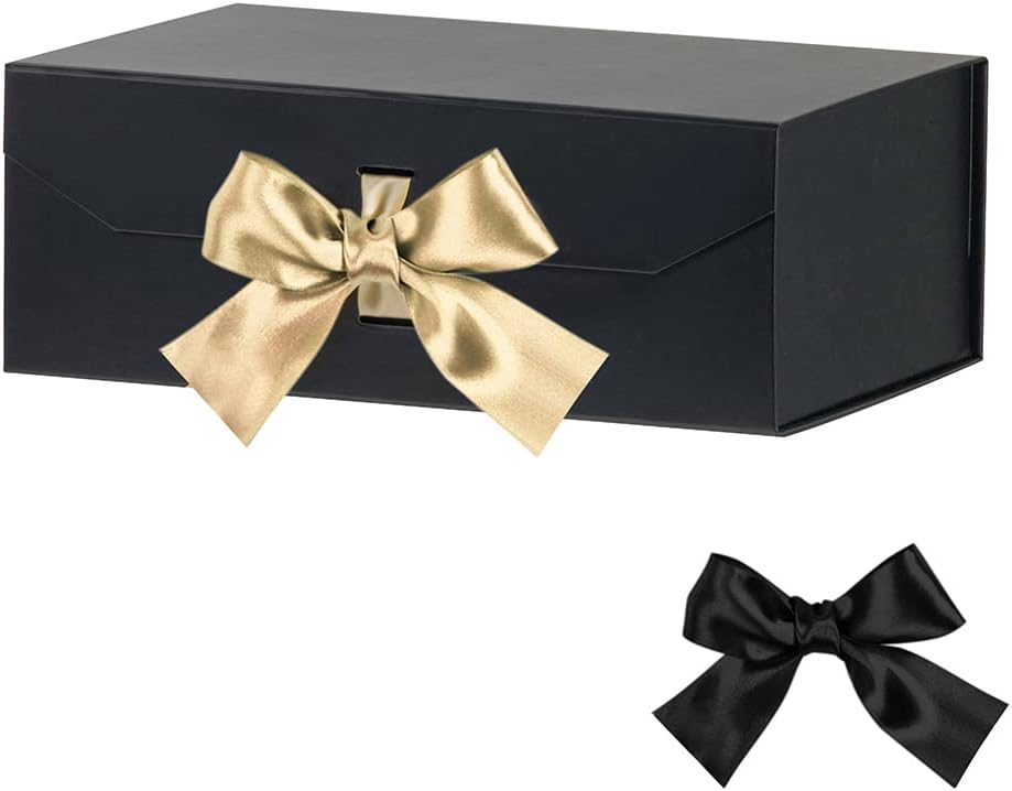 Caja de regalo negra grande, 12 x 8 x 4.5 pulgadas, caja de regalo grande con cinta, caja de regalo negra con tapa de cierre magnético, caja de