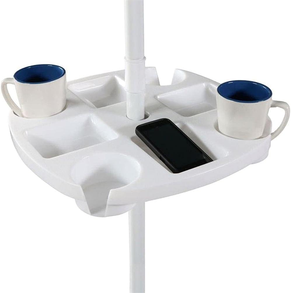 HEEPDD Mesa de sombrilla de playa para exteriores, sombrillas de plástico y sombrillas, bandeja redonda para aperitivos con 4 portavasos y 4