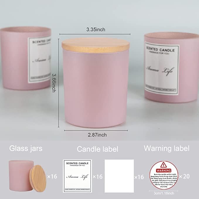 Creahaus Paquete de 16 tarros de vela gruesos de 10 onzas con tapas de bambú para hacer velas, recipientes de vela de vidrio vacío rosa a granel y