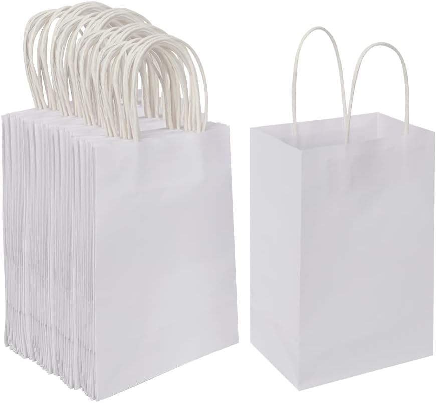 Oikss Cada paquete de 100 bolsas de regalo de papel kraft blanco pequeño y mediano con asas a granel