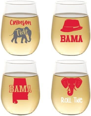 Juego de 4 copas de vino de plástico inastillables de 16 onzas fabricadas en los Estados Unidos (BAMA ROLL TIDE)