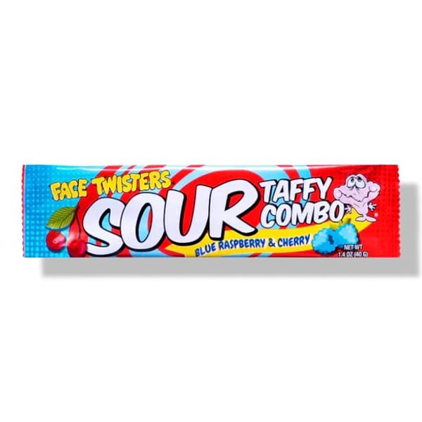 Face Twisters Sour Taffy Combo Blue Raspberry & Cherry Barra de 1.4 oz – Caja de 24