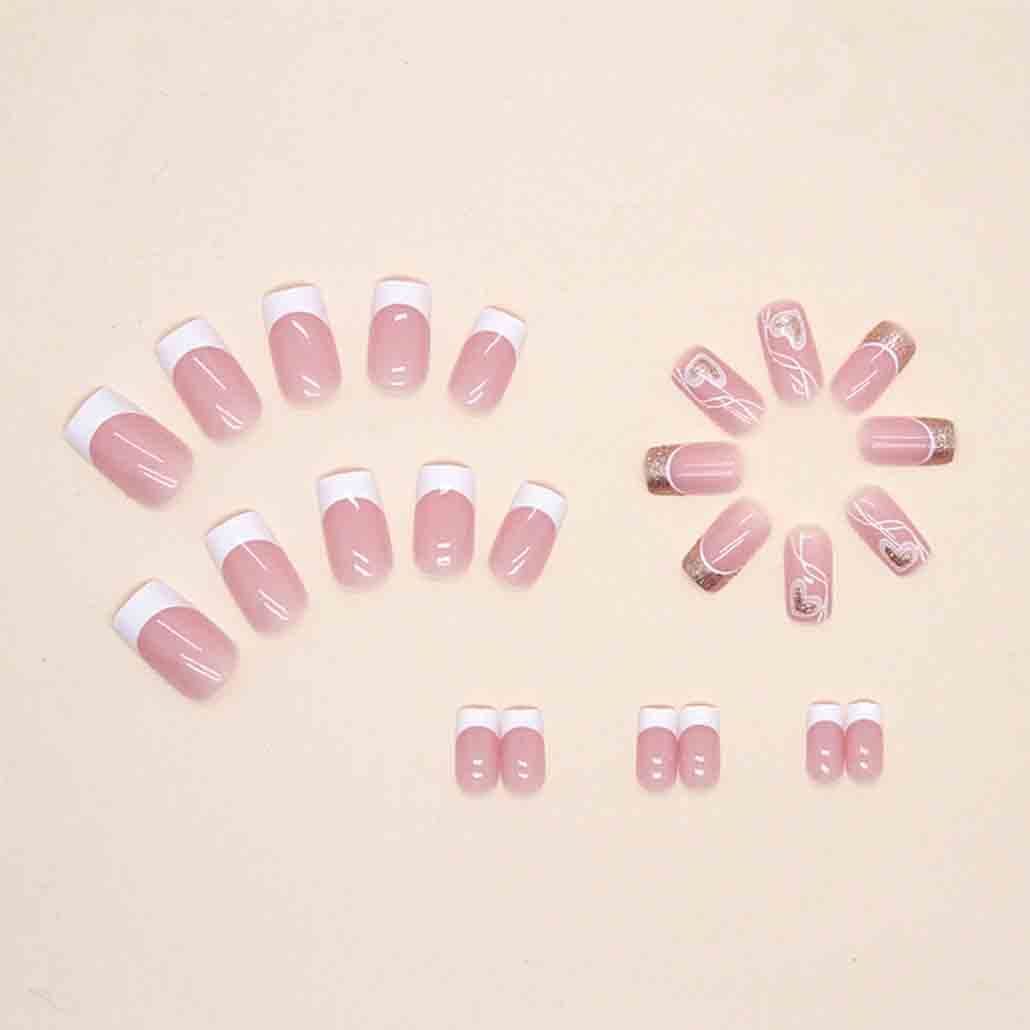 Foccna Uñas postizas a presión con punta francesa, uñas postizas medianas con diseño de amor, cuadradas, brillantes, color blanco brillante,