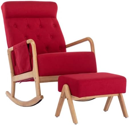 Mecedora con otomana, sillón mecedor de tela tapizada de mediados de siglo con cojín acolchado grueso, respaldo alto, silla mecedora con bolsillo