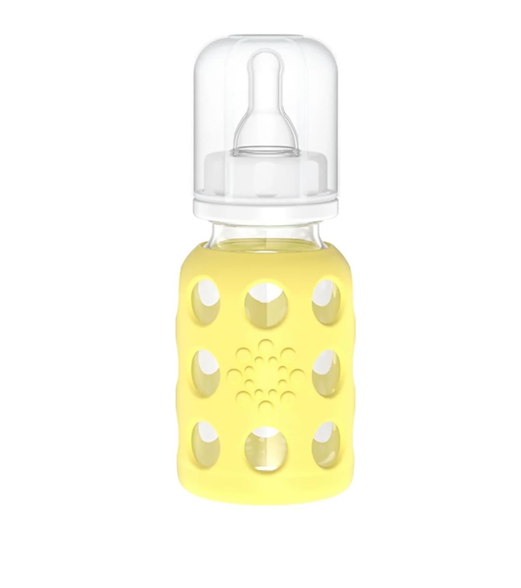 Lifefactory Biberones de vidrio con protección de silicona, paquete de 4, 4 onzas cada biberón (2 plátanos y 2 melón)