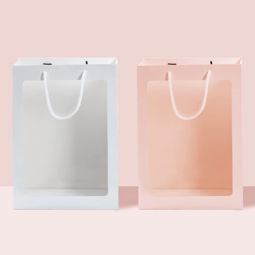 iplusmile 10 bolsas de regalo rosas con ventana, bolsas de regalo de ramo de flores con asas de 13.4 x 9.1 x 3.9 pulgadas, bolsa de compras de papel