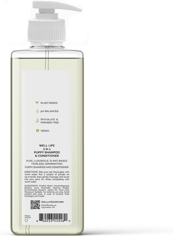 Well Life Champú acondicionador 2 en 1 para cachorros, champú acondicionador sin lágrimas, ingredientes a base de plantas, aceite de jojoba,