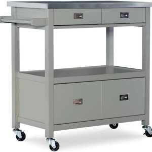 Riverbay Furniture Carrito de isla de cocina de microondas con tapa de acero inoxidable de madera de pino en gris Riverbay Furniture Carrito de isla de cocina de microondas con tapa de acero inoxidable de madera de pino en gris