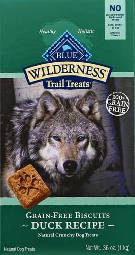 Blue Buffalo Wilderness Trail Treats – Galletas crujientes para perros con alto contenido en proteínas sin granos, receta de pato, caja de 36 onzas