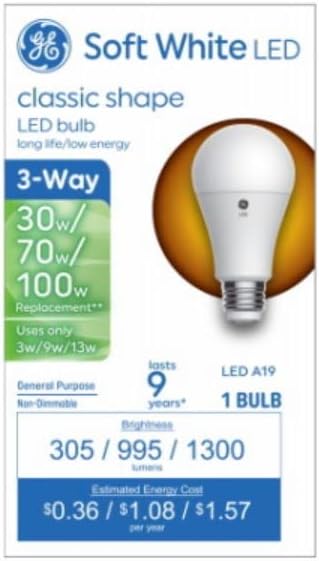 93130562 Bombilla LED de 3 vías, base mediana A19, blanco suave, 3913 W, cantidad 1
