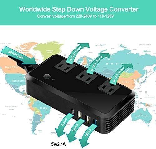 Convertidor de voltaje 2300W Adaptador de viaje universal Convertidor de alimentación reductor de 220 V a 110 V con 3 puertos USB 3 salidas de CA 1