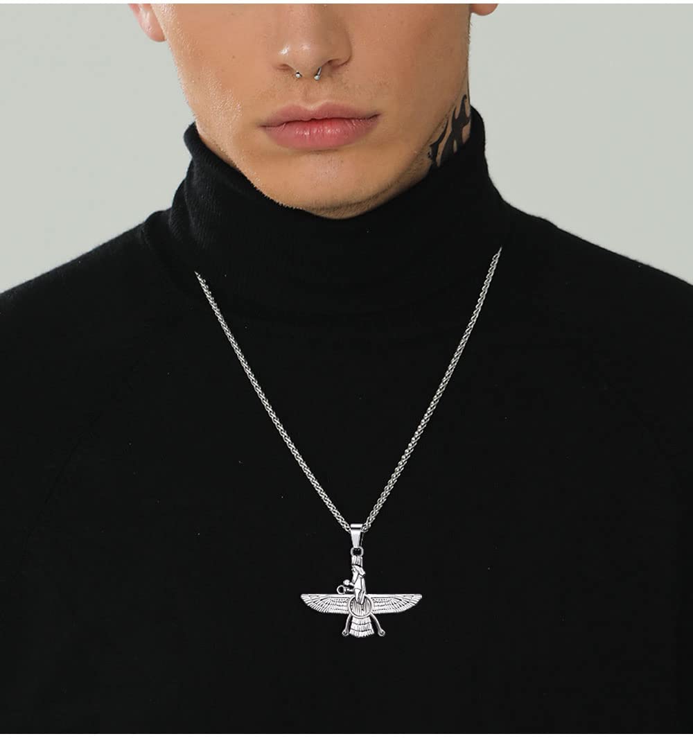 Future Faravahar Ahura Mazda Pendant Men Iran Jewelry Gold Plated Zoroastrian Gold Color Iranian Necklace for Men and Women, Father’s Day Gift!,