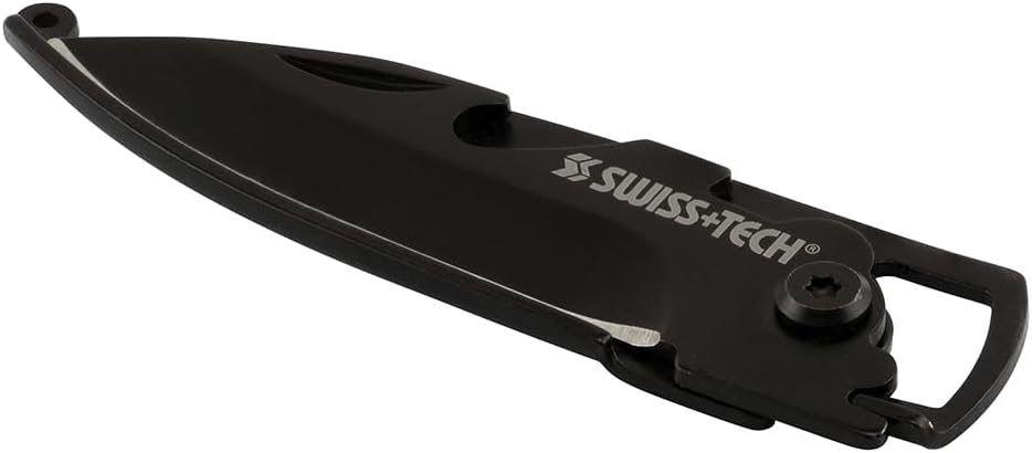 SWISS+TECH ST45019 Mini cuchillo plegable negro de acero inoxidable 7 en 1 (paquete individual)