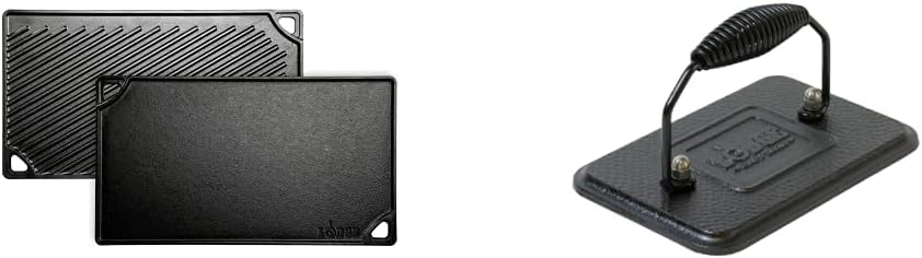 Lodge Parrillaplancha reversible LDP3, 9.5 x 16.75 pulgadas y prensa rectangular de hierro fundido LGP3, pre-sazonada, 6.75 x 4.5 pulgadas