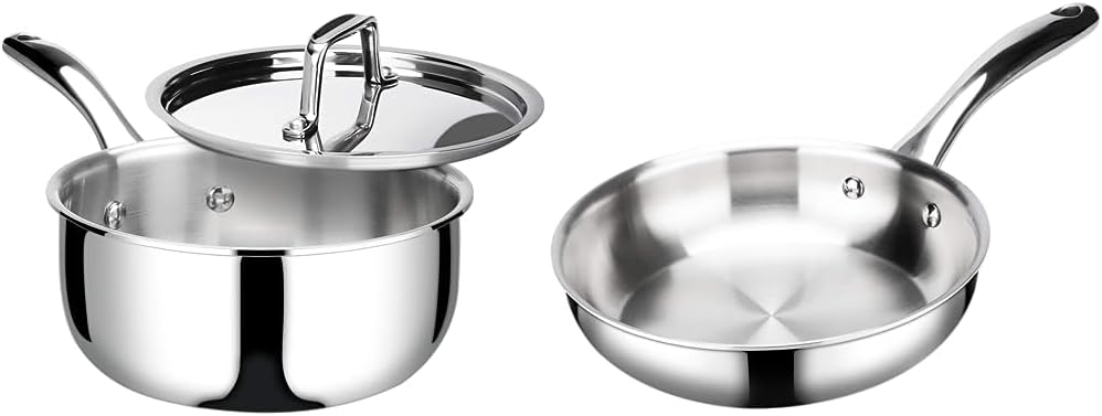 Duxtop Juego de utensilios de cocina de acero inoxidable de tres capas con cacerola y sartén