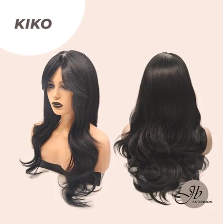 KIKO – Peluca larga y rizada negra con flequillo en capas, pelucas sin pegamento para mujer, pelucas sintéticas naturales para uso diario (pelucas