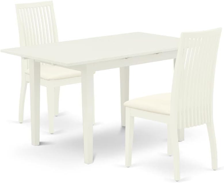 East West Furniture NOIP3-LWH-C – Juego de cocina de 3 piezas que contiene una mesa rectangular con hojas de mariposa y 2 sillas de comedor de tela