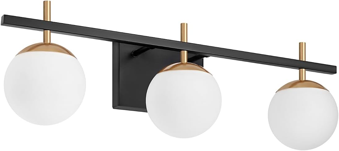 Lámpara de baño de oro negro, 3 luces de mediados de siglo moderna sobre espejo, lámpara de tocador de baño con vidrio lechoso, lámpara de pared