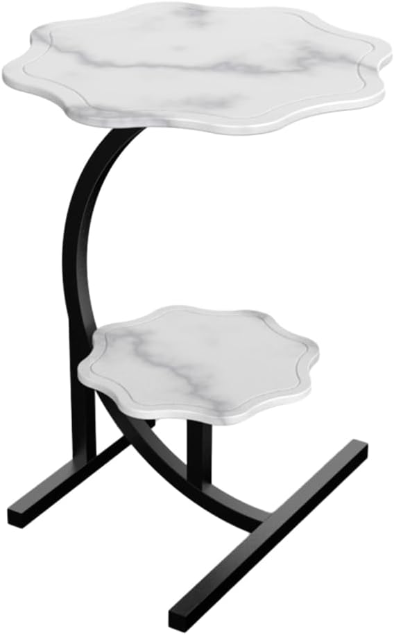 LITAITAI Mesa auxiliar pequeña en forma de C con textura de mármol en forma de flor de 2 capas, mesa auxiliar para sofá, mesita de noche para sala