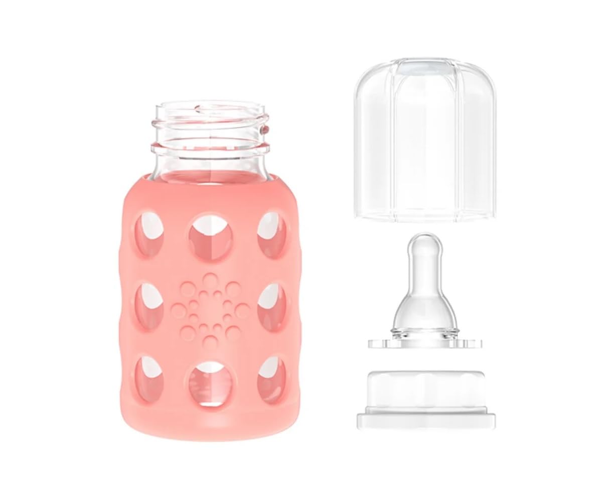 Lifefactory Biberones de vidrio con protección de silicona, paquete de 4, 4 onzas cada biberón (2 plátanos y 2 melón)