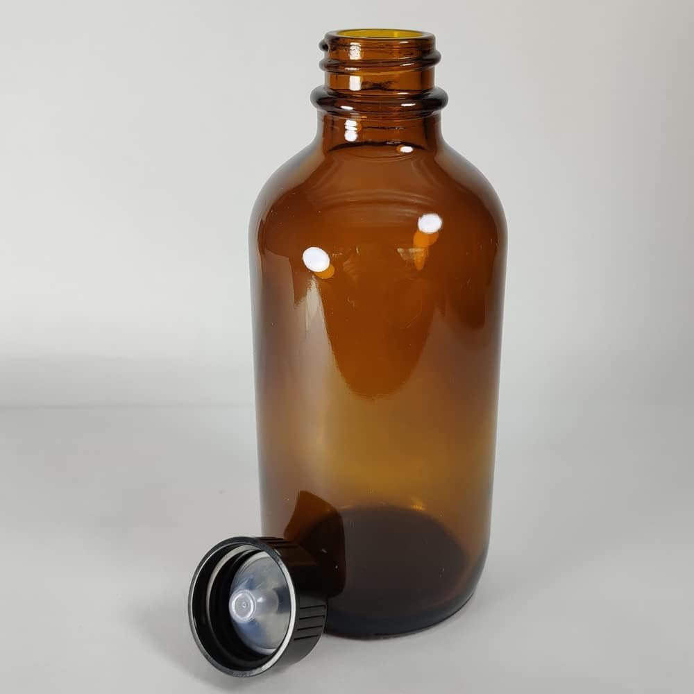 Bioll – Botellas de vidrio Boston de 4 onzas líquidas. Botella de aceite esencial con tapas de cono de polietileno negro. Para poción, jugo,