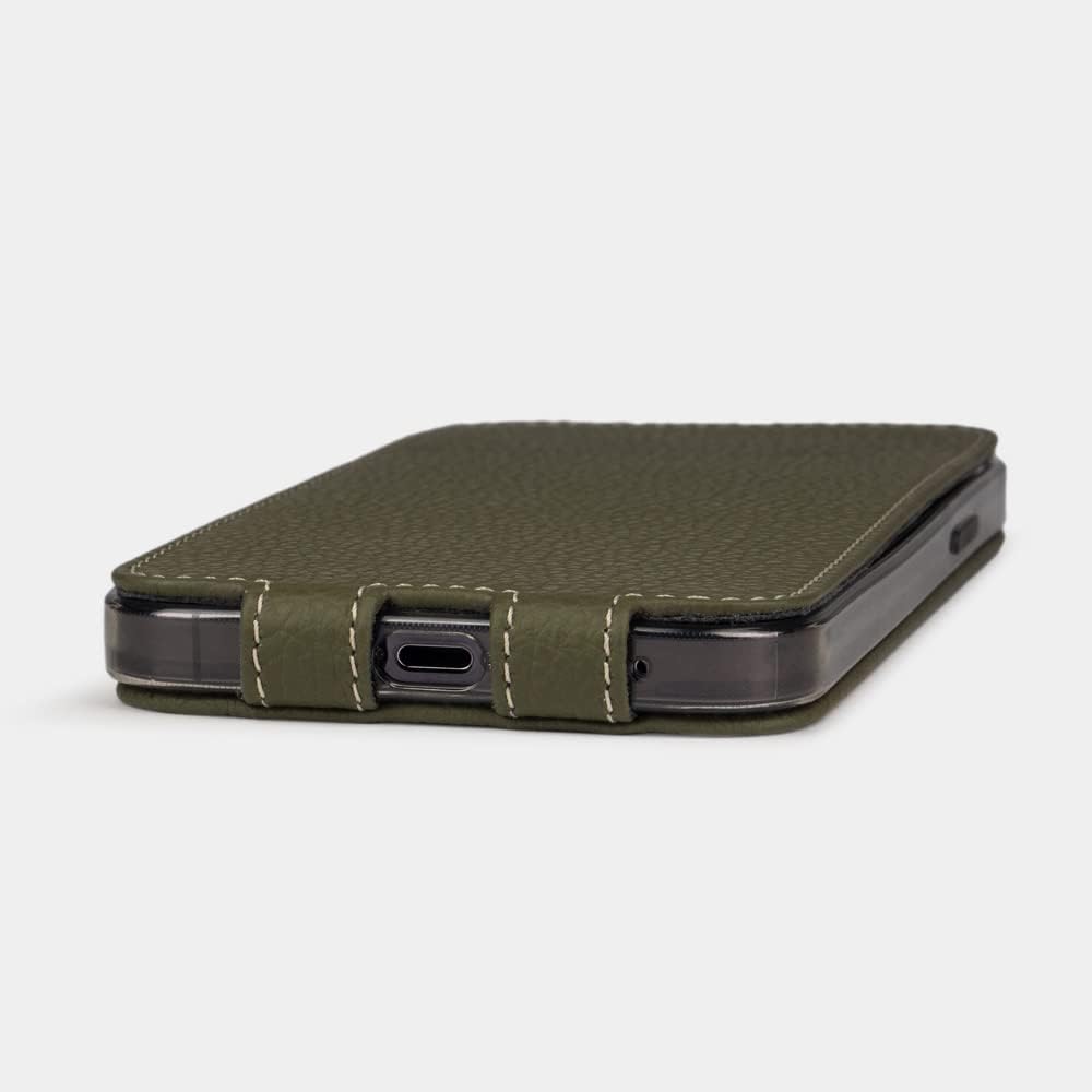 Funda de piel protectora para iPhone 14 Pro Max – Modelo patentado – Ultra fina – Fabricada en Francia con piel natural – Verde