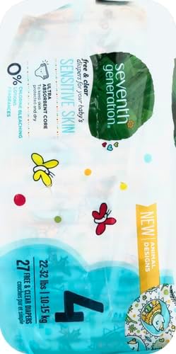 Seventh Generation Pañales de bebé para piel sensible, estampado de animales, talla 4, 27 unidades