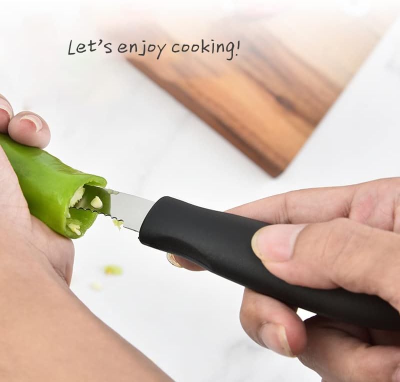 Jalapeno – Cortador de pimienta de acero inoxidable para picador de pimienta con rebanada dentada y mango de goma, fácil de quitar semillas para