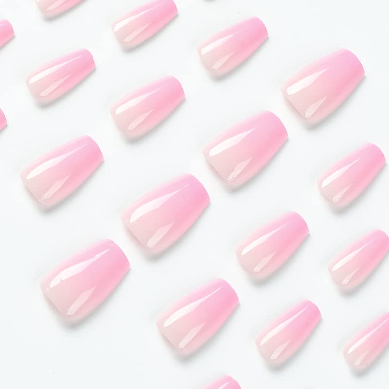 Uñas postizas a presión con forma de ataúd de color rosa degradado, medianas, uñas postizas con pegamento, reutilizables, 24 unidades, 12 tamaños,