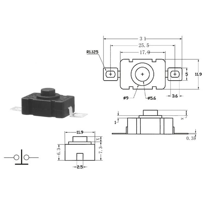 Paquete de 30 interruptores de botón micro autobloqueante plano de 2 pines con agujero, mini botón de encendidoapagado, JIA Teng KAN-28 1.5A 250V