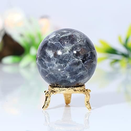 Crocon Bola de esfera de piedra de iolita de 1.772 in con soporte de metal, más de 1400 quilates, bola de piedras preciosas curativas, escultura