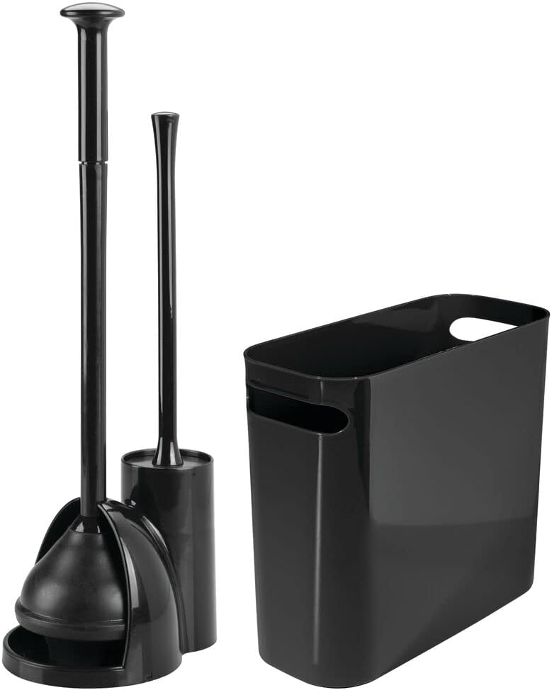 mDesign Juego de 2 cepillos de inodoro de plástico 2 en 1 compactos e independientes, juego de basura, almacenamiento de baño en casa, accesorios de