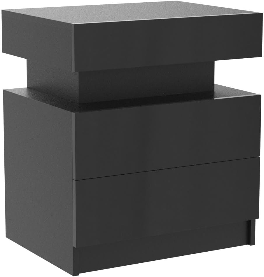 Yoluckea Mesita de noche LED para dormitorio, moderna de madera de alto brillo, 2 cajones, mesita de noche negra, mesa auxiliar con compartimento de