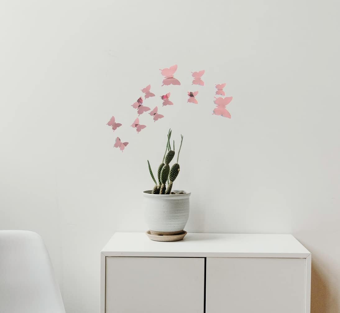 Decoración de pared de mariposa rosa 3D Mariposa Espejo Superficie Pegatinas 48 piezas  Decoración de celebración brillante para decoración de
