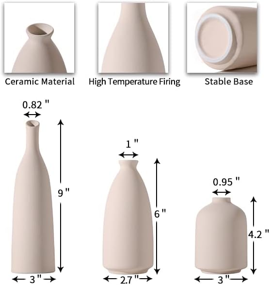 Jarrón de cerámica beige para decoración del hogar, 3 jarrones pequeños para decoración de mesa, florero de decoración de sala de estar, jarrones de