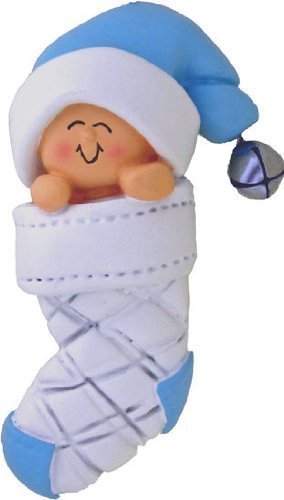 Adorno de árbol de Navidad para el primer niño azul en medias para bebé, grabado o personalización no incluidos