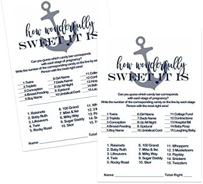 Juegos náuticos para baby shower para niños (paquete de 25) divertidas tarjetas de actividades a juego de barra de caramelo azul ballena espolvorear
