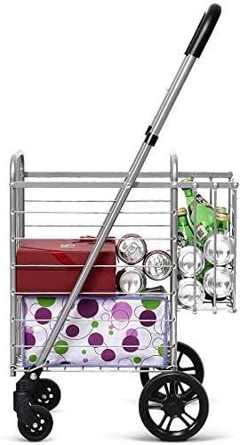 Carrito de compras plegable, carrito de supermercado de doble cesta con barra de mango ancho ajustable y ruedas giratorias, adecuado para libros de