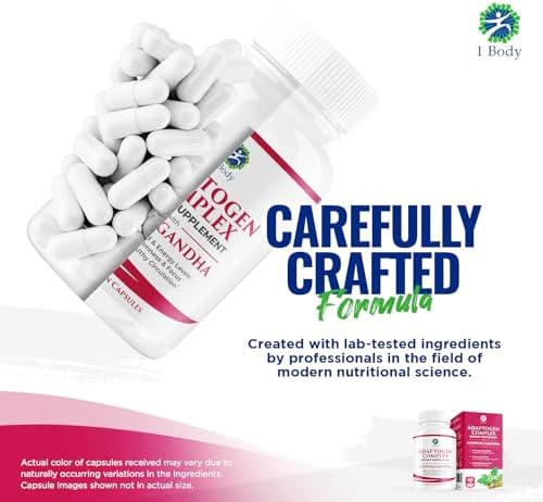 1 Body Suplemento complejo Ashwagandha – Fórmula adaptógeno – Suplemento de enfoque y apoyo energético para hombres y mujeres – 180 cápsulas veganas