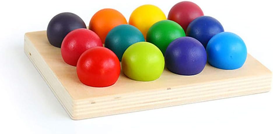 Pelotas de madera arcoíris con bandeja, 12 piezas de clasificación y juego educativo Montessori juguete para niños pequeños, bolas más grandes para