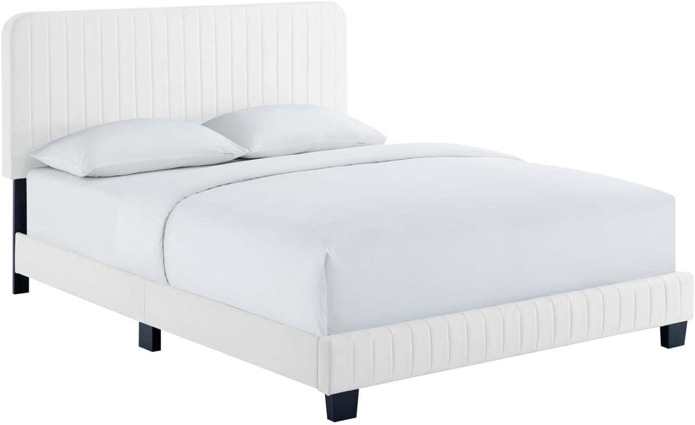 Modway Celine Channel – Cama con plataforma de terciopelo copetudo, tamaño Queen, color blanco