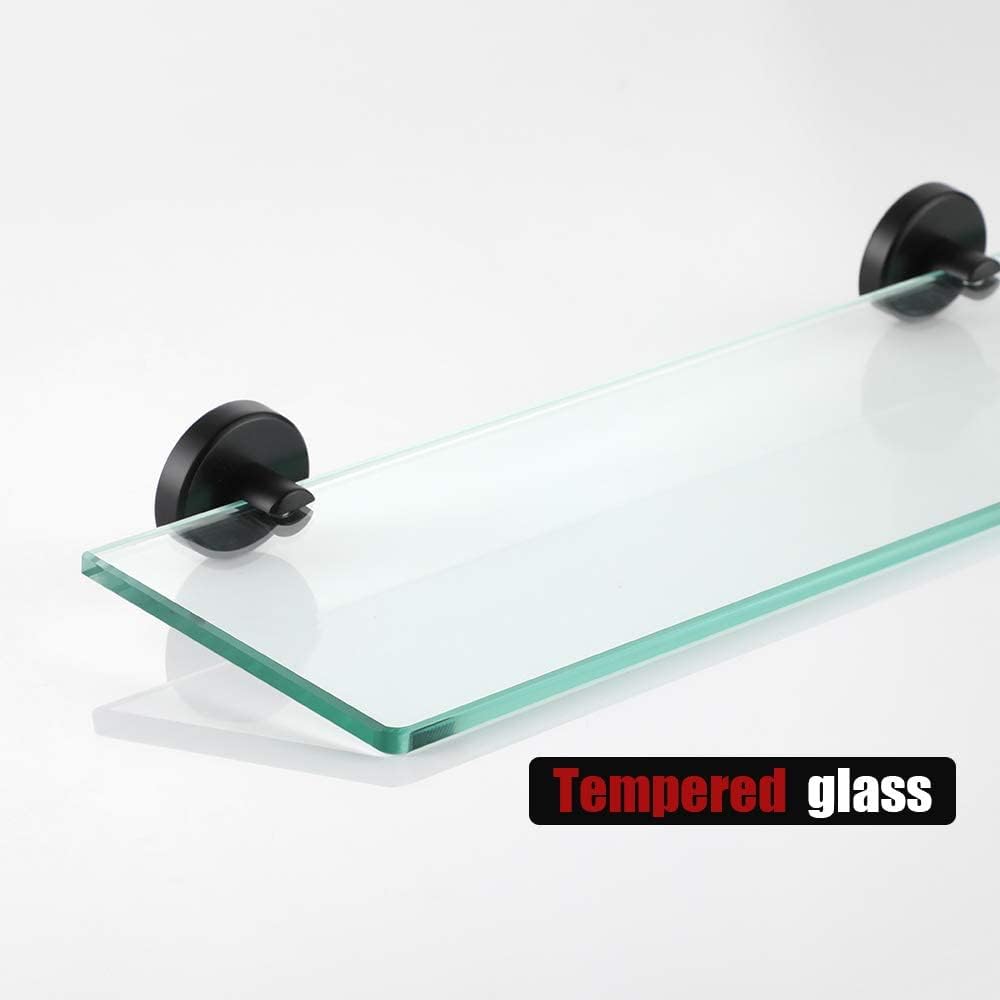 JQK Estante de vidrio para baño negro, almacenamiento de ducha de vidrio templado de 16 x 5 pulgadas, montaje en pared negro mate de acero