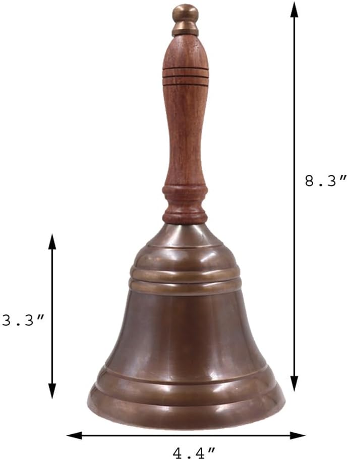 Campana de mano de latón antiguo de 8.5 pulgadas de alto y 4 pulgadas de profundidad, campana de latón macizo con mango de madera, perfecta para